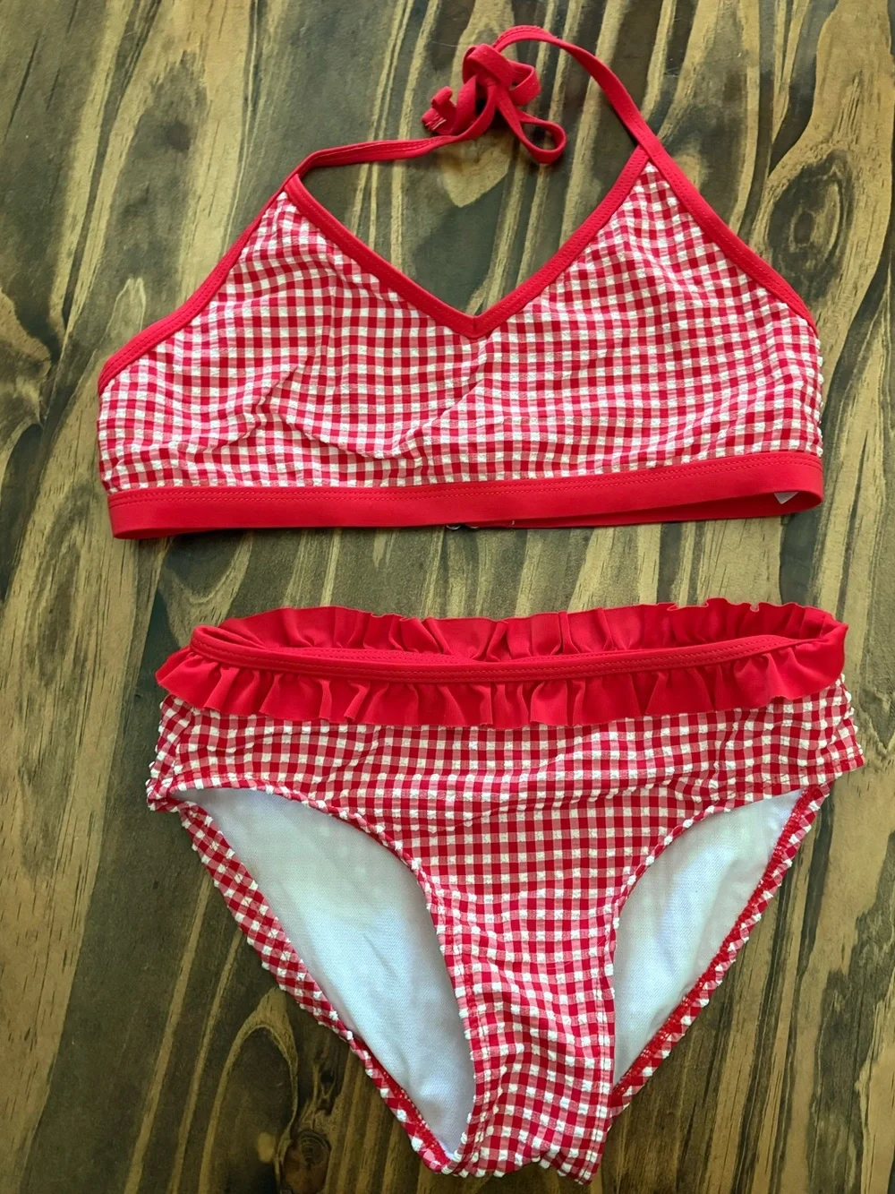 Cat & Jack girls red & white gingham ruffle bikini size 10/12